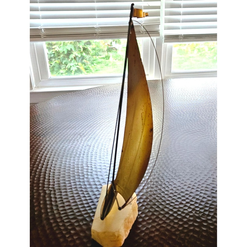 Vintage DeMott Signed Brass Sailboat 13" • Onyx Base • MCM Fluid Lines - Picture 3 of 8